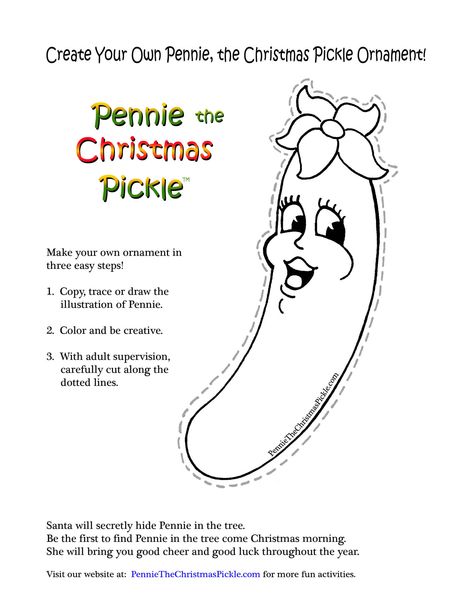 Photo copy this page, inside every Pennie the Christmas Pickle, and every child can create their very own, Pennie Ornament. Pickle Ornament Craft, Pickle Crafts For Kids, Christmas Pickle Craft, Pickle Crafts, Around The World Crafts For Kids, Christmas List Printable, Library Christmas, Christmas Pickle Ornament, Bratz Coloring