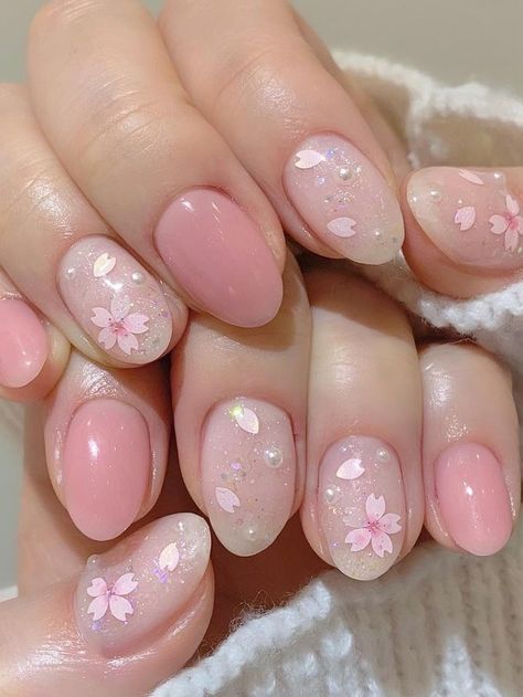 nude pink short nails with glitter and cherry blossom Short Feminine Nails, Korea Nails Design, Nails Reference, Coquette Nail, Short Pink Nails, Pastel Pink Nails, Japanese Nail Design, Kawaii Nail Art, Cherry Blossom Nails