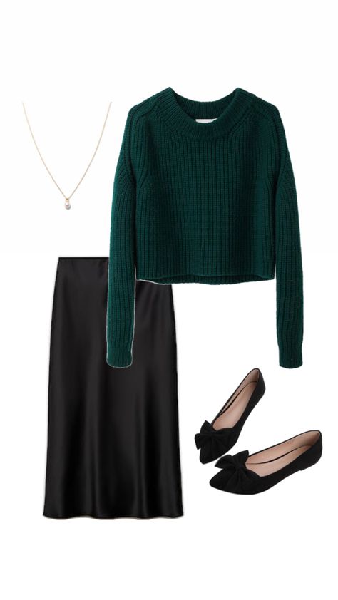 Black stain skirt with an emerald green sweater for the Christmas events. With a pair of flats and simple jewelry Emerald Sweater Outfit, Sweater And Black Skirt Outfit, Sweater Black Skirt Outfit, Green Sweater Outfit, Emerald Sweater, Black Skirt Outfit, Emerald Green Sweater, Black Skirt Outfits, Christmas Events