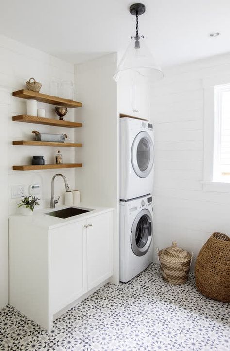 Moroccan Laundry Room, Laundry Floor Tiles, Concrete Floor Tiles, Moroccan Floor Tiles, Styled Shelves, Moroccan Style Home, Graphic Tiles, Laundry Room Lighting, Small Laundry Room Organization