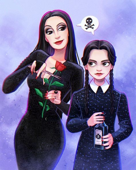 Morticia And Wednesday, Wednesday Addams Fanart, Morticia Wednesday, Luz Tapia Art, Addams Familie, Gomez And Morticia, Addams Family Wednesday, Catty Noir, Morticia Addams