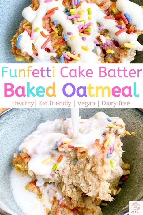 Birthday Cake Baked Oatmeal, Vegan Birthday Breakfast, Healthy Birthday Breakfast, Oatmeal Vegan, Oatmeal Healthy, Vegan Breakfast Options, Oatmeal Flavors, Baked Oatmeal Healthy, Birthday Cake Flavors