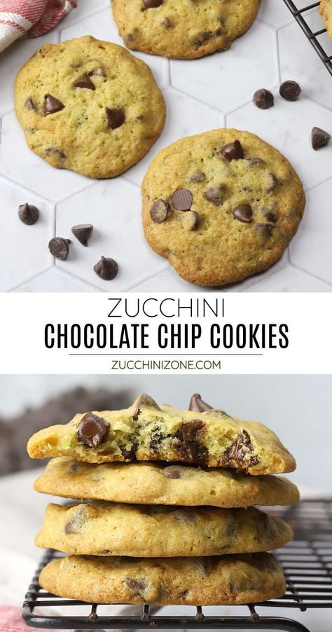 Zucchini chocolate chip cookies recipe by Zucchini Zone. Zucchini chocolate chip cookies are a crowd-pleasing treat to make with that garden zucchini. These cookies are buttery, chewy, and filled with rich chocolate chips. #zucchinichocolatechipcookies #zucchinicookies #cookies #zucchini #dessert #chocolatechipcookies #summercookies #cookierecipe #recipe Cookies Made With Zucchini, Zucchini Cookies Recipes Chocolate Chips, Zucchini Recipes Cookies, Peanut Butter Zucchini Cookies, Pumpkin Zucchini Cookies, Zucchini Cookies Recipes, Zucchini Dessert Recipes, Zucchini Dessert, Chocolate Zucchini Cookies