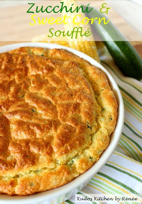 zucchini and sweet corn souffle  - A light, healthy souffle made zucchini and corn with a hint of sweetness, buttery goodness and swiss cheese in every bite. The perfect breakfast or dinner. Healthy Souffle, Corn Souffle, Corn Zucchini, Souffle Dish, P Design, Measuring Ingredients, Baking Desserts, Thanksgiving Sides, Swiss Cheese