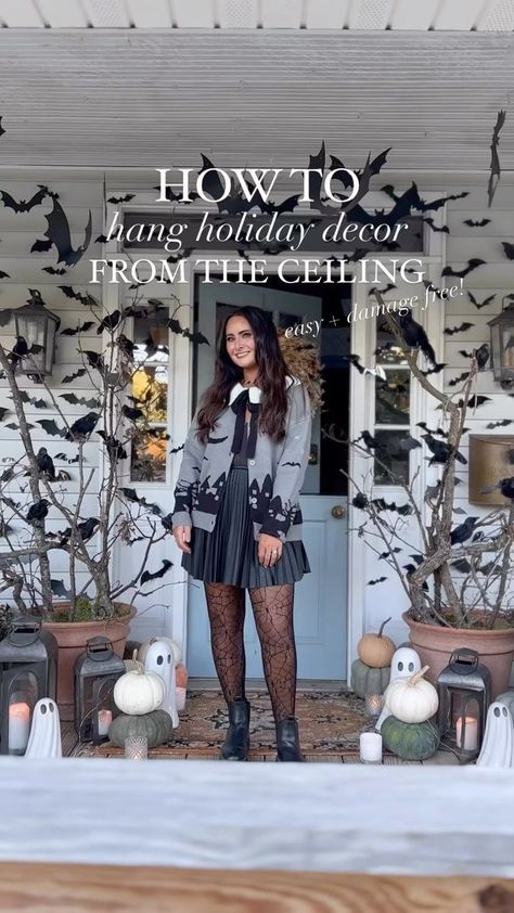 🦇🔨HOW TO hang holiday decor from the ceiling!🔨🦇SAVE this for a step by step guide for easy, strong, and damage free ceiling hanging for any holiday decor! Comment CEILING below to get the supplies links sent to you! This the method I’ve been using for myself and all my clients this year! @tryalientape is my go-to for holiday decorating (not sponsored, I just really love it)! Let me know if you have any questions below! #gatheredlivingfall #gatheredlivinghome . . . . . #diyreel #howtoreel #ha Diy Halloween Chandelier Decor, Halloween Chandelier Decor, Halloween Ceiling Decorations, Halloween Ceiling, Party Ceiling Decorations, Halloween Chandelier, Porch Ceiling, Chandelier Decor, How To Hang