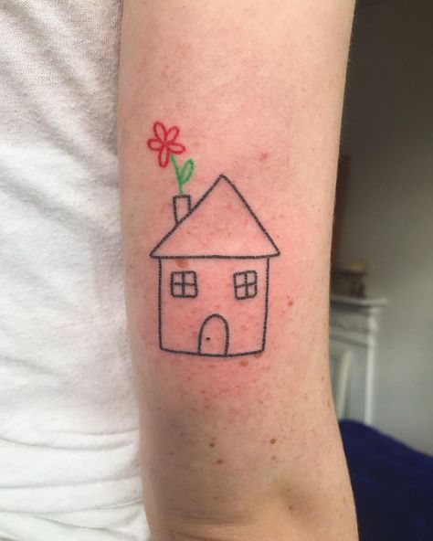 stick and poke house tattoo line drawing colour color tattoo ignorant style House Stick And Poke, Small House Tattoo, Tattoo Line Drawing, Tattoo Stick And Poke, Ignorant Style Tattoo, Thumb Tattoos, House Tattoo, Tattoo Line, Stick N Poke