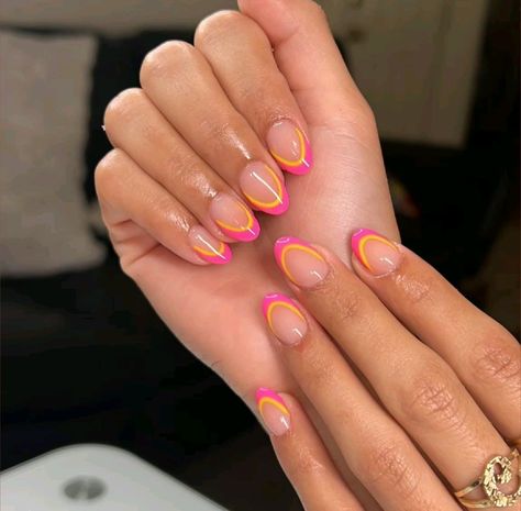 Birthday Acrylics, Pink And Orange French Tip, Nail Designs Glitter Ombre, Orange And Pink Nail Designs, Neon French Tip Nails, Two Color French Tip Nails, French Tip Nails Summer, Orange French Tip Nails, Orange French Tip