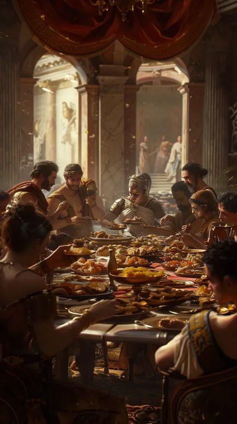 The image shows a group of people reclining at a banquet. They are dressed in ancient Greek attire, and the room is decorated with Greek statues and architecture ->> more details in ai-img-gen.com Ancient Greek Kitchen, Grece Antique Aesthetic, Greek Banquet, Greek Attire, Titus Andronicus, Greek Dancing, Here Be Dragons, Sleepy Girl, Antique Aesthetic