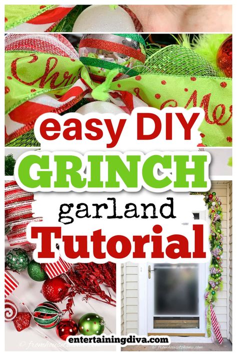 Grinch Mantel Ideas, Grinch Door Garland Diy, Grinch Legs Diy, Grinch Inspired Wreath, Grinch Stair Garland, Grinch Xmas Tree Decorations, Grinch Theme Garland, Whoville Christmas Garland, Diy Grinch Garland Tutorial