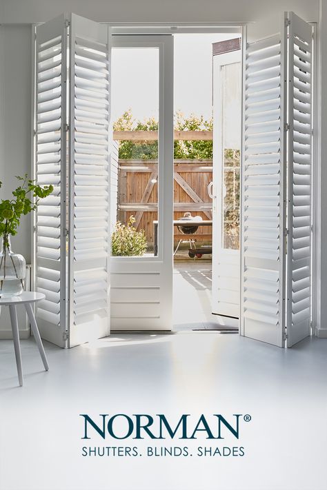 Shutters For French Doors, Shutters On French Doors Interior, Blind For French Door, Sliding Door Shutters, Patio Door Shutters, French Door Shutters, Norman Shutters, Big Windows Living Room, French Door Window Treatments