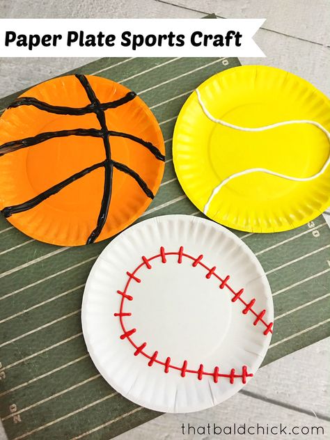 Paper Plate Sports Craft at thatbaldchick.com Sports Crafts For Kids, Sport Themed Crafts, Olympic Crafts, Sports Crafts, Orange Craft, Paper Plate Crafts For Kids, Art Activities For Toddlers, Sport Craft, Paper Plate Crafts