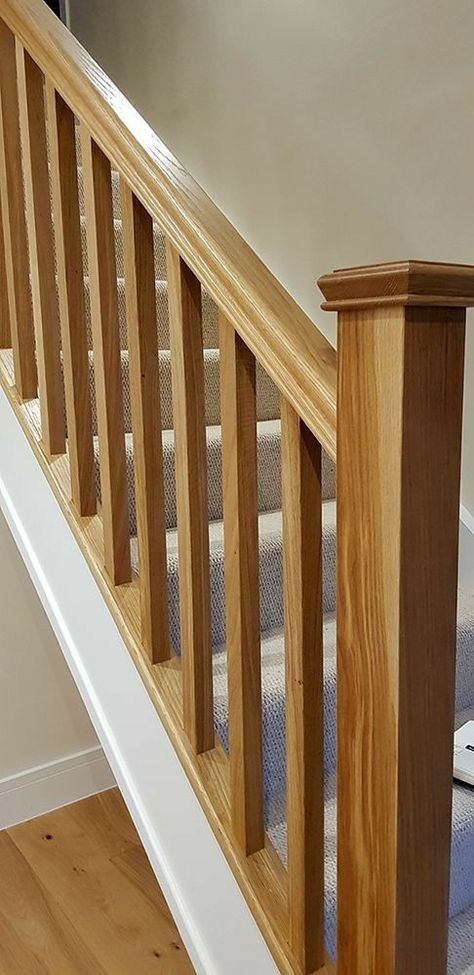 Staircase Ideas Oak, Oak Newel Post Staircases, Oak Spindle Staircase, Stairs Design Wooden Railings, Square Spindles Staircase, Stair Wooden Railing Ideas, Stairs Wooden Railing, Ballisters Staircases, Oak Staircase Ideas