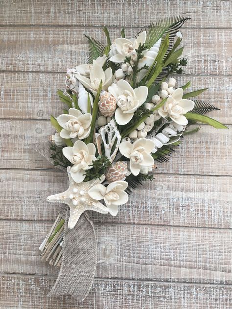 Beach Wedding Corsage, Beach Wedding Bouquet Ideas, Beach Wedding Florals, Flowers And Seashells, Beach Wedding Bouquet, Turquoise Bouquet, White Orchid Bouquet, Beach Bouquet, Seashell Bouquet