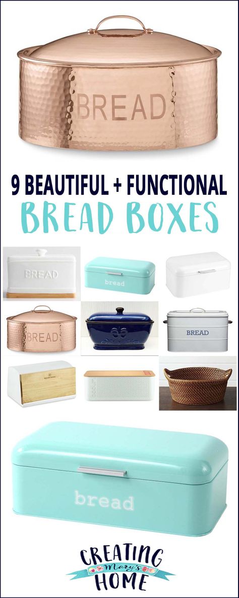 9 Beautiful + Functional Bread Boxes - creatingmaryshome.com Bread Basket Kitchen Counter, Bread Boxes On Counter Decor, Breadbox Ideas Counter Tops, Kitchen Bread Storage Ideas, Bread Organization Storage, Bread Storage Ideas Countertop, Bread Bin Ideas, Bread Organization, Diy Bread Box Ideas