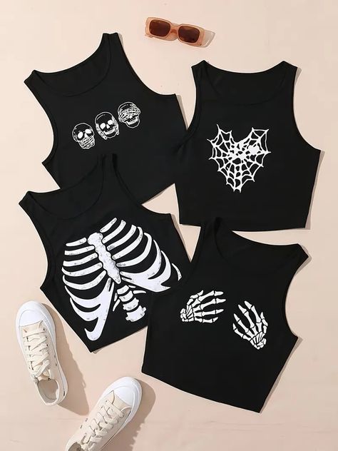 Skull Spider, Estilo Punk Rock, Plus Size Summer Fashion, Alt Clothes, Black Crop Top Tank, Rock Punk, Estilo Punk, Plus Size Tank Tops, Casual Tank Tops