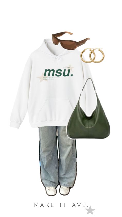 college outfit inspiration with an msu sweatshirt. This Michigan state sweatshirt can be found on my Etsy at https://makeitave.etsy.com College Outfit Inspiration, College Outfit, Michigan State University, Gameday Outfit, Michigan State, College Outfits, Michigan, Outfit Inspirations, Cute Outfits