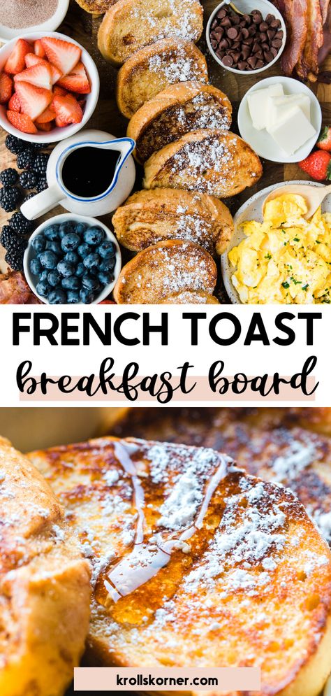 french toast on a cutting board with fresh fruit, eggs and syrup French Toast Bacon, Savory Toast, French Toast Brunch, 1st Birthday Foods, Fluffy French Toast, Toast Bacon, Bachelorette Brunch, Homemade French Toast, Breakfast Favorites