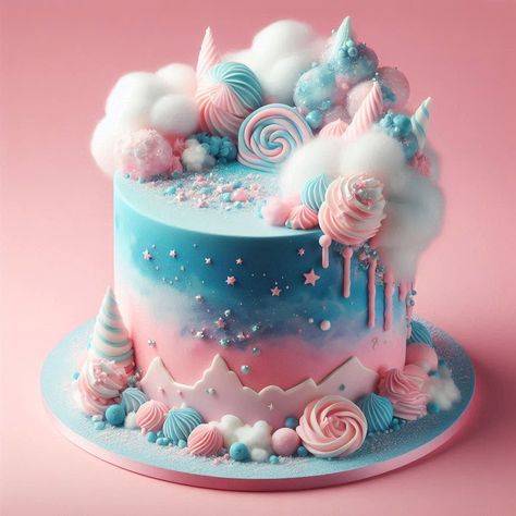 Layer cake design, meringue, cotton candy, ai generated Cotton Candy Cake Design, Cotton Candy Cloud Cake, Magical Cake Ideas, Cotton Candy Cake Ideas, Cloud Nine Birthday Cake, Cute Cakes For Birthday, Birthday Cake 9th Girl, Squishmallows Cakes, On Cloud 9 Birthday Cake