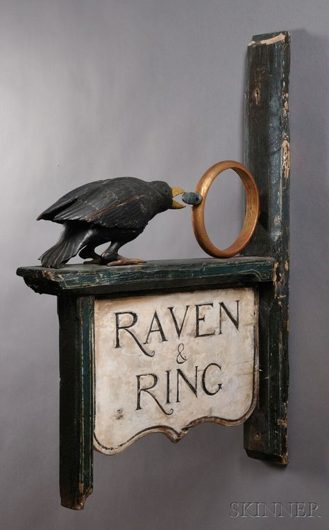 Carved and Painted RAVEN & RING Tavern Sign | Sale Number 2608M, Lot Number 258 | Skinner Auctioneers Raven Ring, Tavern Sign, Storefront Signs, Trade Sign, Crows Ravens, Pub Signs, Wood Post, Old Signs, Web Banner Design