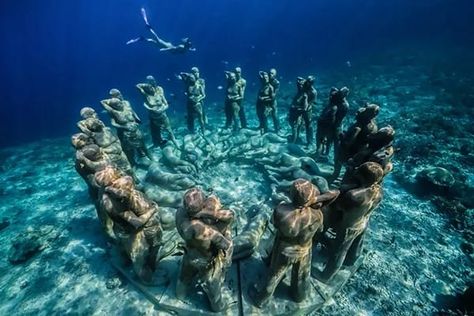 BASK Nest Location: BASK Gili Meno, Indonesia? Depth: 4m The hauntingly beautiful sculpture comprises of a circle of 48 life-size figures encircling yet more figures on the sea floor. Designed by Jason deCaires Taylor, the interlocking pieces connect to provide a platform for marine life to colonise and inhabit. Jason Decaires Taylor, Underwater Sculpture, Bawah Air, Sea Floor, Gili Trawangan, Bottom Of The Ocean, Gili Island, Underwater Photographer, Hauntingly Beautiful