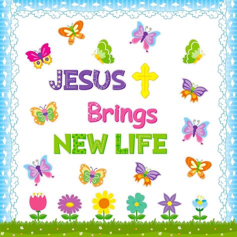 Amazon.com : Yopyame 94PCS Jesus Brings New Life Christian Bulletin Board Set Spring Butterfly Flowers Cross Cutouts Bulletin Board Borders Trim Easter Religious Faith Classroom Sunday School Chalkboard Wall Decor : Office Products Preschool Butterfly Theme, Butterfly Bulletin Board, Religious Bulletin Boards, Easter Bulletin Boards, Chalkboard Wall Decor, Colorful Bulletin Boards, Bulletin Boards Theme, Christian Classroom, Christian Bulletin Boards