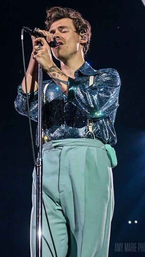 Harry Styles Suspenders, Harry Styles Blue Outfit, Harry Styles Blue, Suspenders Outfit, Blue Suspenders, Harry Styles Outfit, Harry 1d, Sequin Shirt, Blue Trousers