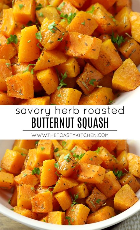 Savory Herb Roasted Butternut Squash by The Toasty Kitchen #squash #Butternutsquash #sidedish #savory #savvorybutternutsquash #herbroasted #herbs #sidedishrecipe #recipe #dinnerideas #thanksgivingsidedish Butternut Squash Side Dish, Cubed Butternut Squash, Oven Roasted Butternut Squash, Squash Stew, Savory Butternut Squash, Butternut Squash Recipes Roasted, Rice Bake, Baked Butternut Squash, Sides Dishes