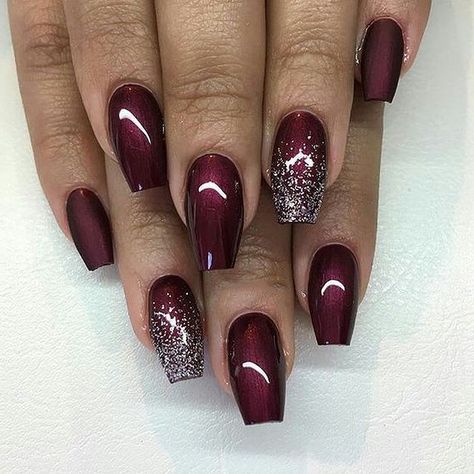 Nail Ideas Burgundy, Silver Nails Designs, Fall Burgundy Nails, Shimmer Nail Art, Prom Nails French, Burgundy Acrylic Nails, Burgundy Nail Designs, Pink Stiletto Nails, Red Stiletto Nails