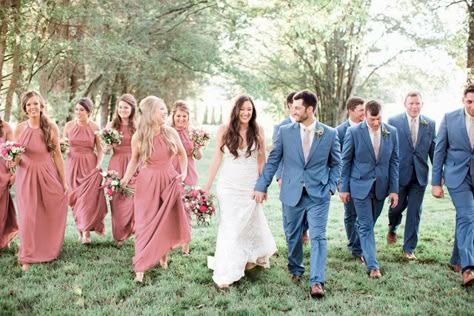 pink bridesmaids, blue groomsmen, floral print ties Champagne Pink Bridesmaid Dress, Pink Bridesmaid Dresses Mismatched, Pale Pink Bridesmaids, Pale Pink Bridesmaid Dresses, Rose Pink Bridesmaid Dresses, Pink Bridesmaid Dresses Short, Blue Groomsmen Suits, Blue Groomsmen, Light Pink Bridesmaid Dresses