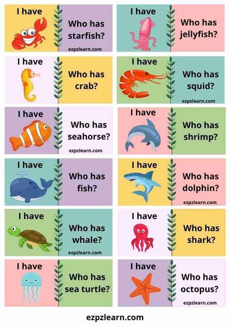 Free Printable I have Who has English Game For Kids Sea Animals Kindergarten Preschool Activities Animals Kindergarten Activities, Animals Kindergarten, Ocean Activities Preschool, Find The Difference Pictures, English Games For Kids, Circle Time Games, Toddler Lessons, Eyfs Activities, Ocean Activities