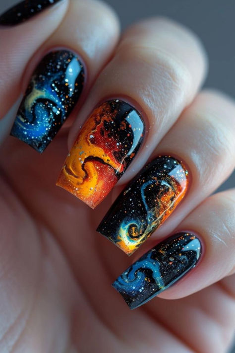 Galaxy-Inspired Square Nails Night Sky Nails Dark Blue, Nerd Nail Art, Space Acrylic Nails, Cosmos Nails, Space Nails Galaxy, Nebula Nails, Night Sky Nails, Cat Bday, Space Nail Art