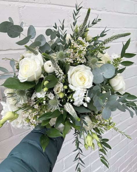 Wedding Flowers White Roses Eucalyptus, Wedding Bouquets White Roses And Eucalyptus, White Rose And Eucalyptus Bridal Bouquet, White Roses And Eucalyptus Bouquet, White And Green Bridal Bouquet Eucalyptus, Green And White Wedding Flowers, Ballet Wedding, Bridal Bouquet Styles, Greenery Wedding Bouquet