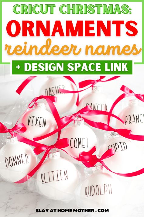 Craft this easy Cricut Christmas Ornaments with a free Design Space link and tutorial from @slayathomemother #slayathomemother #cricutmade #cricutcrafts Cricut Name Ornaments, Cricut Crafts To Sell, Cricut Christmas Ornaments, Best Cricut Machine, Christmas Yummies, Name Ornaments, Reindeer Names, Holiday Pillows Covers, Cricut Hacks