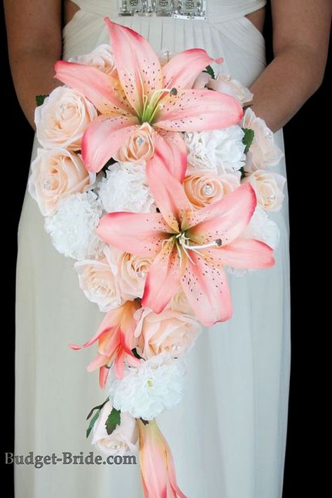 Peach Wedding Bouquet, White Carnations, Cascading Wedding Bouquets, Wedding Flower Packages, Wedding Bouquets Pink, Lily Wedding, Lily Bouquet, Cascade Bouquet, White Wedding Bouquets