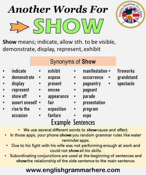 Another word for Show, What is another, synonym word for Show? Every language spoken around the world has its own characteristics. When learning a new language, it will be very useful to learn words for that language. In addition, in a language learning process, learning the words together with their synonyms will be even more useful when memorizing words. Learning a word with its synonyms increases our competence in that language. It helps us speak more fluently and clearly. +800 Synonym ... Synonyms For Show, Show Synonyms, This Shows Synonyms, C1 Vocabulary, Another Word For Good, English Meaning, Words List, Other Ways To Say, Essay Writing Skills