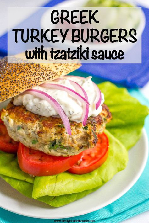 Greek turkey burgers with tzatziki sauce are loaded with spinach, red onion and feta cheese for a delicious but easy taste of Greece! #turkeyburger #burgers #summerrecipes Greek Turkey Burgers With Tzatziki Sauce, Noom Foods, Keto Burgers, Turkey Burger Recipes Healthy, Ground Turkey Burgers, Burger Ideas, Greek Burger, Greek Turkey, Greek Turkey Burgers