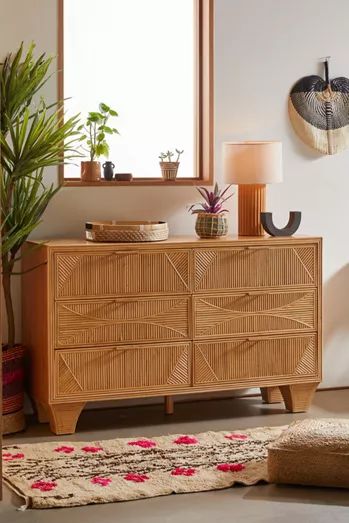 Rattan Dresser Bedroom, Urban Outfitters Furniture, Boho Dresser, Rattan Bedroom, Rattan Dresser, College House, Clothes Racks, Wooden Dresser, Diy Ikea