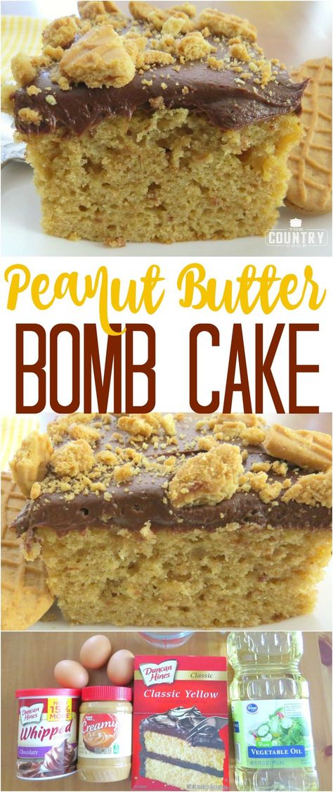 Peanut Butter Bomb Cake recipe from The Country Cook Smoothie Protein, Bomb Cake, Peanut Butter And Chocolate, Country Cook, Vanilla Chai, Peanut Butter Cake, Peanut Butter Desserts, The Country Cook, Peanut Butter Recipes