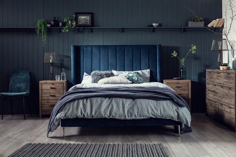 Modern Bedframe, Blue And Cream Bedroom, Blue Headboard, Velvet Bed Frame, Teal Bedding, Bedroom Ideas Master, Winged Headboard, Teal Velvet, Velvet Bed