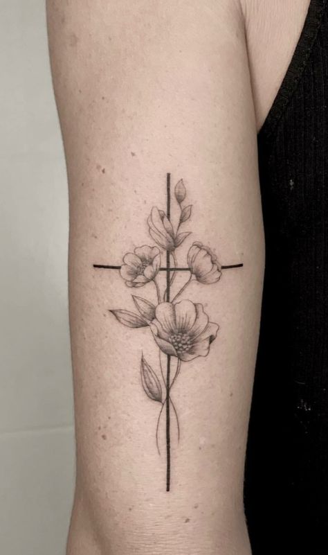 Cross With Lily Of The Valley Tattoo, Cross With Poppy Flower Tattoo, Shop Minimum Tattoo Ideas, Cross And Flower Tattoo For Women, Tattoo Ideas Female Cross, Easter Lily Tattoo, Cross Flower Tattoo, Poppy Flower Tattoo, Lillies Tattoo