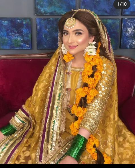 Mayoon Bride Makeup, Mayon Makeup Looks, Mayoun Bride, Haldi Brides, Mayon Bride, Floral Kaleere, Mehendi Dresses, Mayon Dresses, Asian Wedding Dress Pakistani