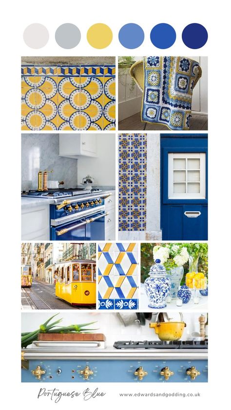 yellow and blue images inspired by Portugal Portuguese Cafe Interior, Greek Blue Kitchen, Dark Blue And Yellow Kitchen, Blue And Yellow Backsplash Kitchen, Portuguese Inspired Kitchen, Portugese Style Interior Design, Kitchen With Portuguese Tiles, Blue Italian Kitchen, Portuguese Homes Interiors