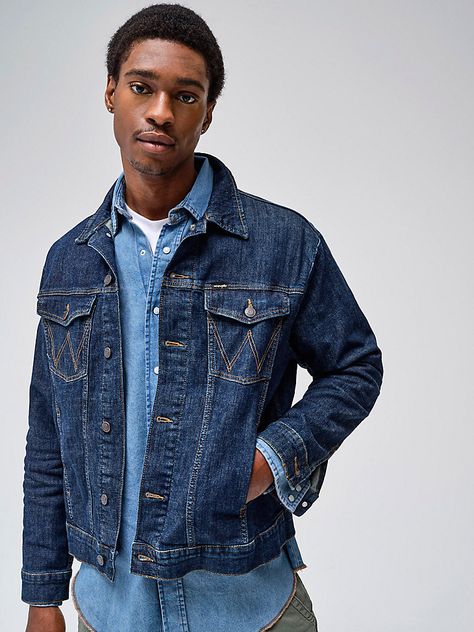 Men's Wrangler® Classic Denim Trucker Jacket | Men's JACKETS & OUTERWEAR | Wrangler® Wrangler Jean Jacket, Trucker Hat Outfit, Trucker Jacket Men, Wrangler Cowboy Cut, Sherpa Lined Denim Jacket, Shirt Jacket Men, Mens Sherpa, Workwear Jeans, Denim Trucker Jacket