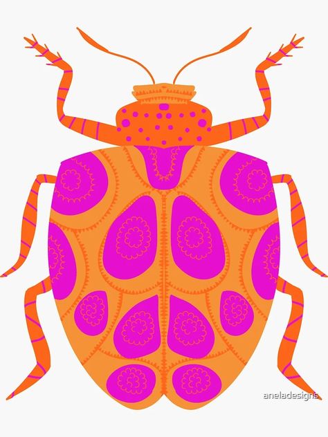 "Cute Colorful Beetle Pink and Orange" Sticker for Sale by aneladesigns | Redbubble Pink Leaf Beetle, Sticker Inspiration Design, Bug Illustration, Beetle Illustration, Beetle Art, Posca Art, Paper Collage Art, Color Vibe, Beautiful Bugs