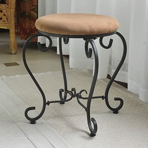 International Caravan Round Iron Vanity Stool with Cushion Metal Vanity, Stool With Cushion, Accent Stools, Vanity Benches, Iron Stools, Contemporary Vanity, Round Stool, Vanity Stool, Dining Room Bar