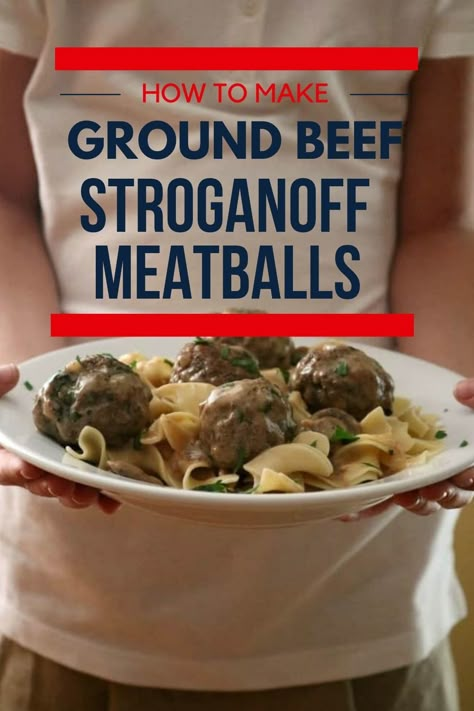 Ground Beef Stroganoff with Meatballs is made with a luscious sour cream gravy which is very easy to prepare without the use of canned soups or frozen. Meatballs Stroganoff is kid-friendly comfort food in just 30-minutes! Meatballs Stroganoff, Stroganoff Meatballs, Beef Stroganoff Meatballs, Sour Cream Gravy, Meatball Stroganoff, Easy Meatball, Kid Friendly Meals Easy, Minced Beef Recipes, Hamburger Dishes