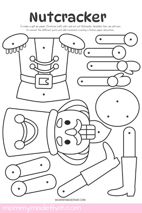 Download this fun DIY movable Nutcracker puppet craft, a perfect Christmas activity for kids! This free printable template allows children to cut and paste their Nutcracker and use split pins to make it move. Ideal for preschool, kindergarten, and holiday homeschool projects, this simple craft is great for keeping kids entertained during the holiday season. Get your free template and enjoy the fun! 1 Hour Crafts For Kids, Stickers Stitch, Xmas Activities, Nutcracker Crafts, Puppet Craft, Christmas Ornament Template, Free Printable Crafts, Kids Printables, Preschool Christmas Crafts