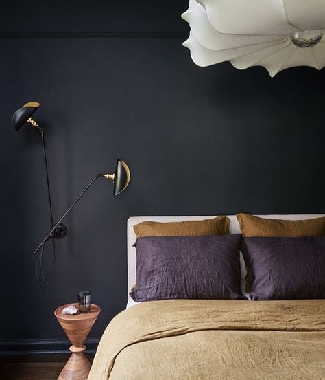 Farrow and Ball Off Black Bedroom Black Bedroom Sets, Bedroom Decorating Tips, Stylish Bedroom Design, White Butterflies, Scarf Collection, Black Bedroom Furniture, Small Bedroom Designs, Bedroom Pictures, Black Bedroom