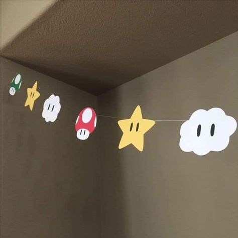 Banner Bedroom Decor, Mario Kart Hallway Decorations, Bday Party Decorations Aesthetic, Mario Party Birthday Decorations, Diy Super Mario Decor, Diy Mario Cake Topper, Nintendo Decorations Party, Video Games Decorations, Mario Theme Decorations