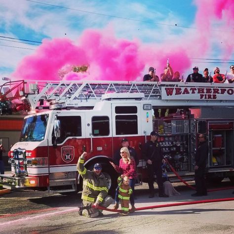 Gender Reveal, Firetruck gender reveal! Smoke cannons, It’s a girl Girl Fire Gender Reveal Ideas, Gender Reveal Ideas For Party Firefighter, Gender Reveal Ideas For Firefighters, Fire Hose Gender Reveal, Firetruck Gender Reveal Ideas, Fire Truck Gender Reveal, Firefighter Gender Reveal Party, Fire Fighter Maternity Pictures, Fire Fighter Gender Reveal Shower Ideas